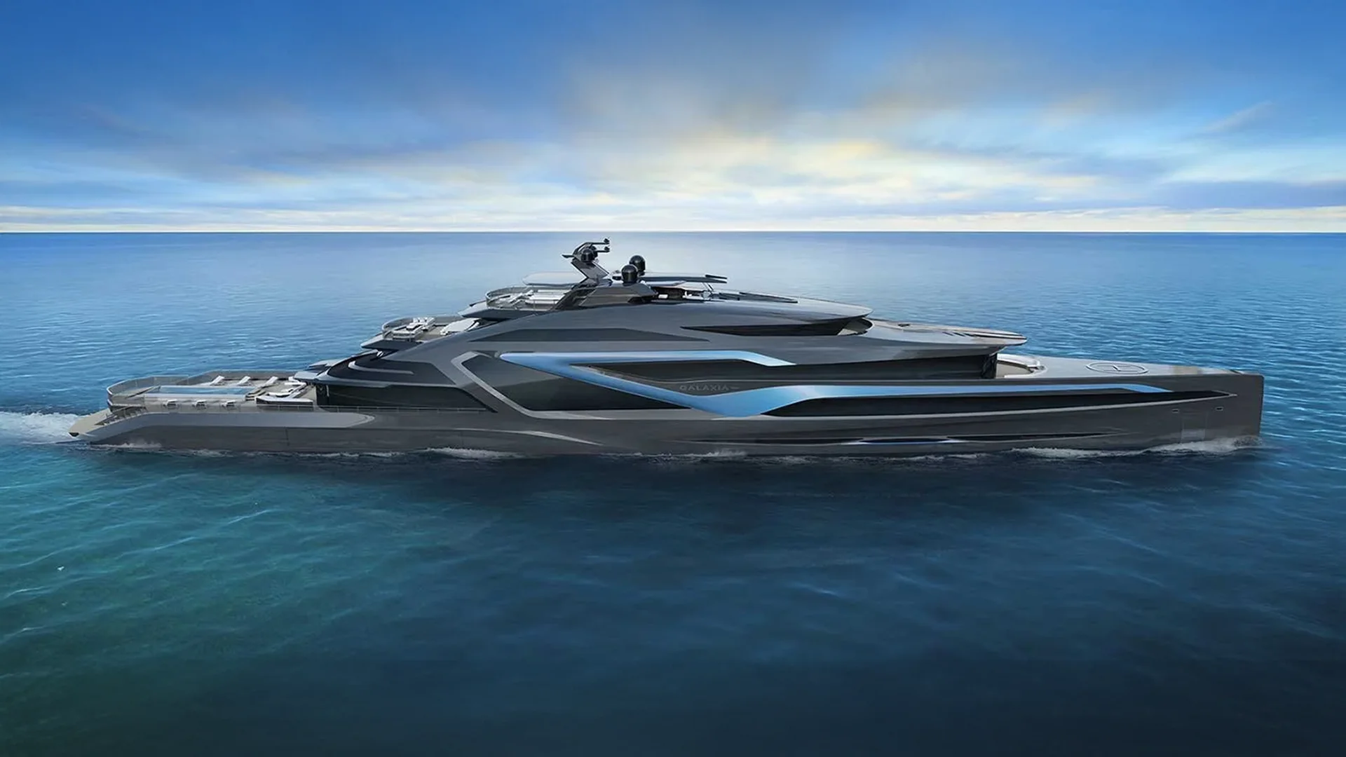 98M GALAXIA yacht side view on calm blue sea showcasing her futuristic carbon-fiber profile