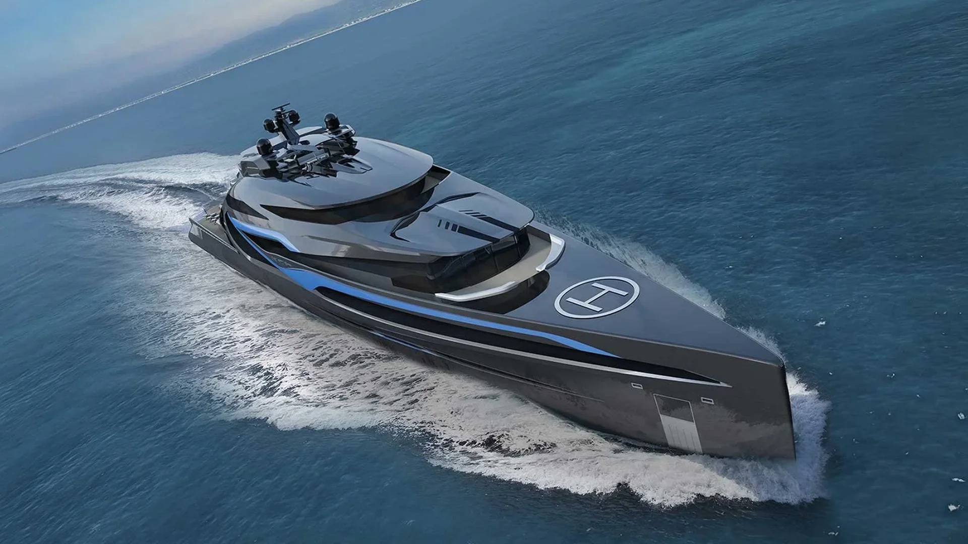 GALAXIA yacht cruising at speed with helipad visible on the bow