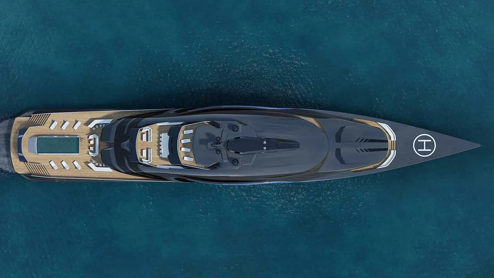 Top-down view of GALAXIA highlighting her pool deck and modern exterior layout