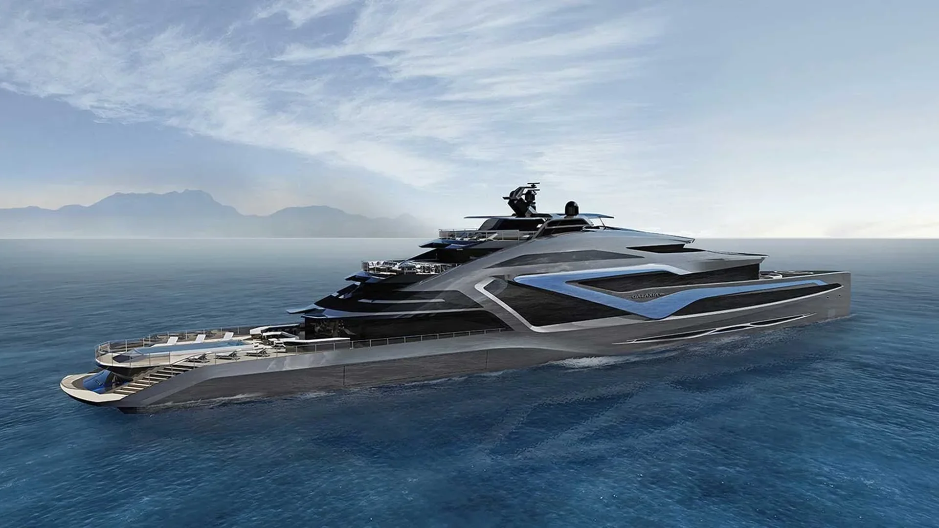 Rear quarter view of GALAXIA showing tiered decks and sleek aerodynamic lines