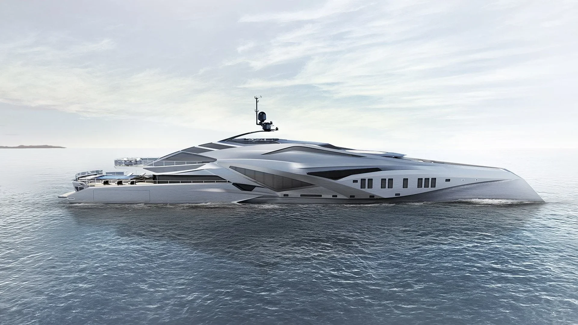 72M VALKYRIE yacht side profile on calm sea showing her futuristic carbon-fiber hull