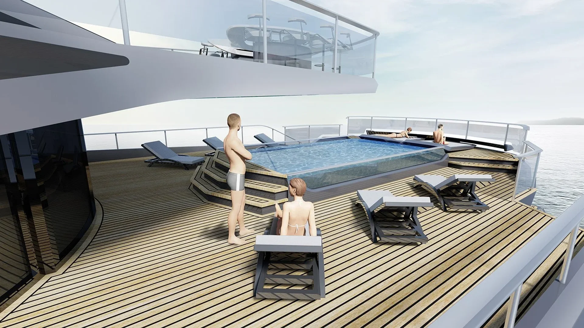 Pool deck on VALKYRIE with sun loungers and guests relaxing by the water
