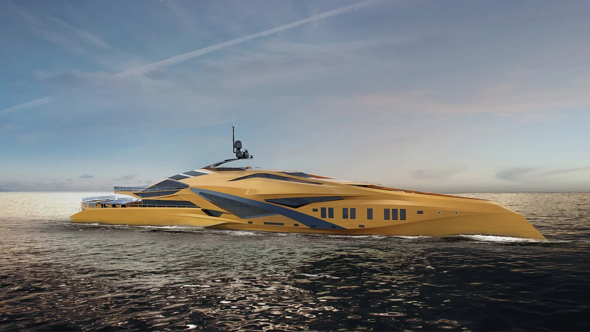 VALKYRIE in gold color scheme cruising at sunset with reflections on the hull