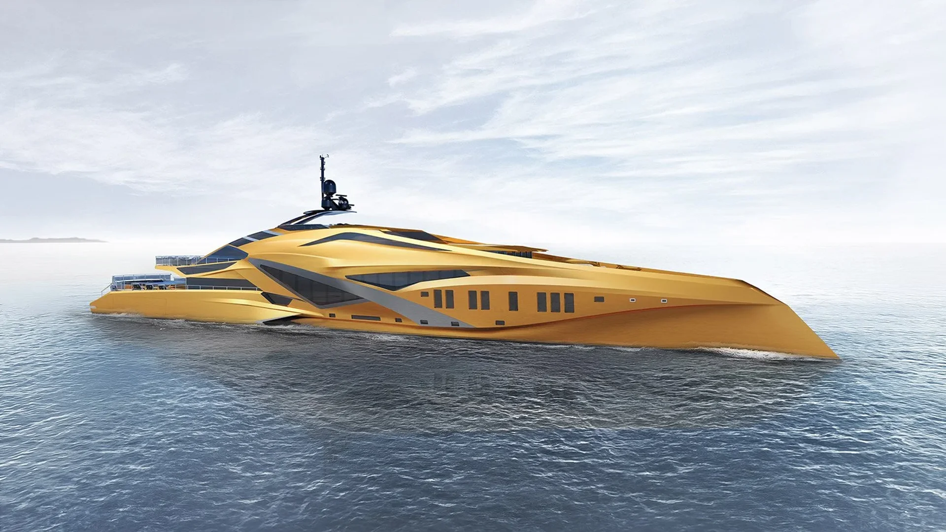 Golden VALKYRIE yacht in daylight showing her bold and futuristic design