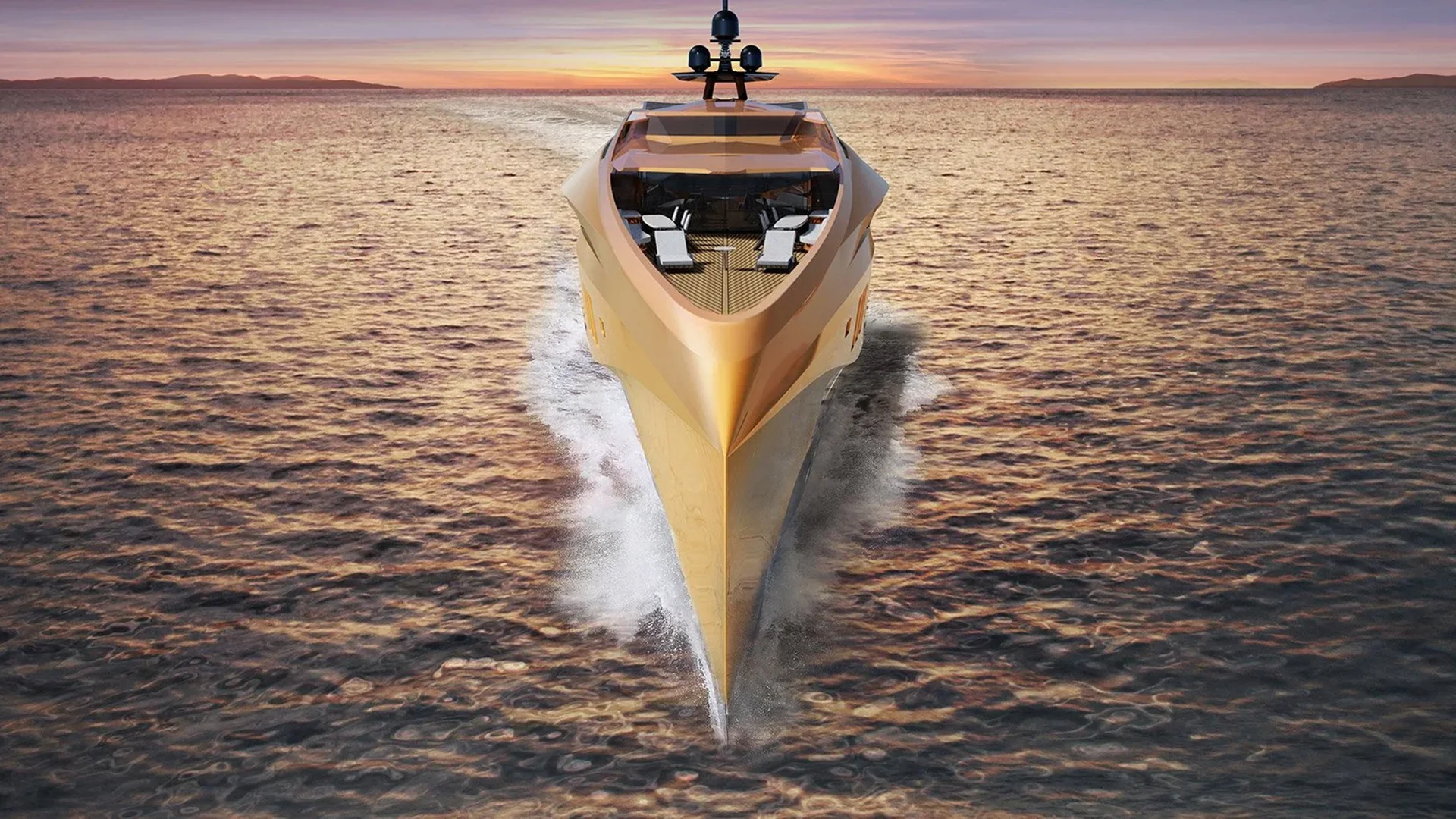Front-on view of VALKYRIE slicing through calm waters at sunrise
