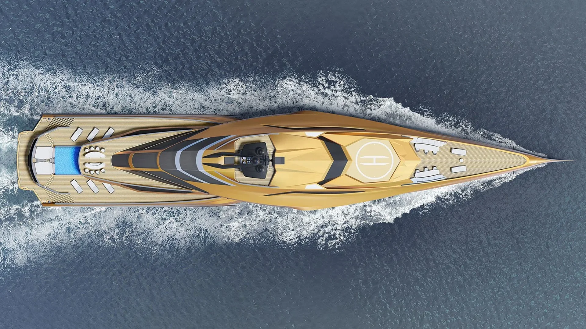 Top view of VALKYRIE under way displaying the full deck layout and pool area